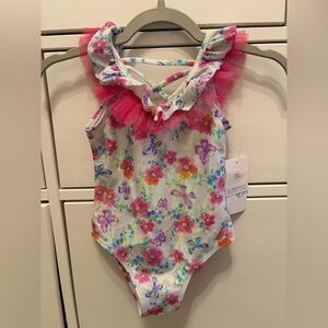 NWT FLAPDOODLES Girls Swimsuit Size 3T Floral Butterflies Shine with Tulle
